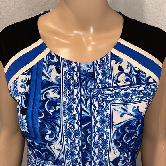 Vintage Muse blue floral geometric pattern dress, fully lined - Picture 4 of 6